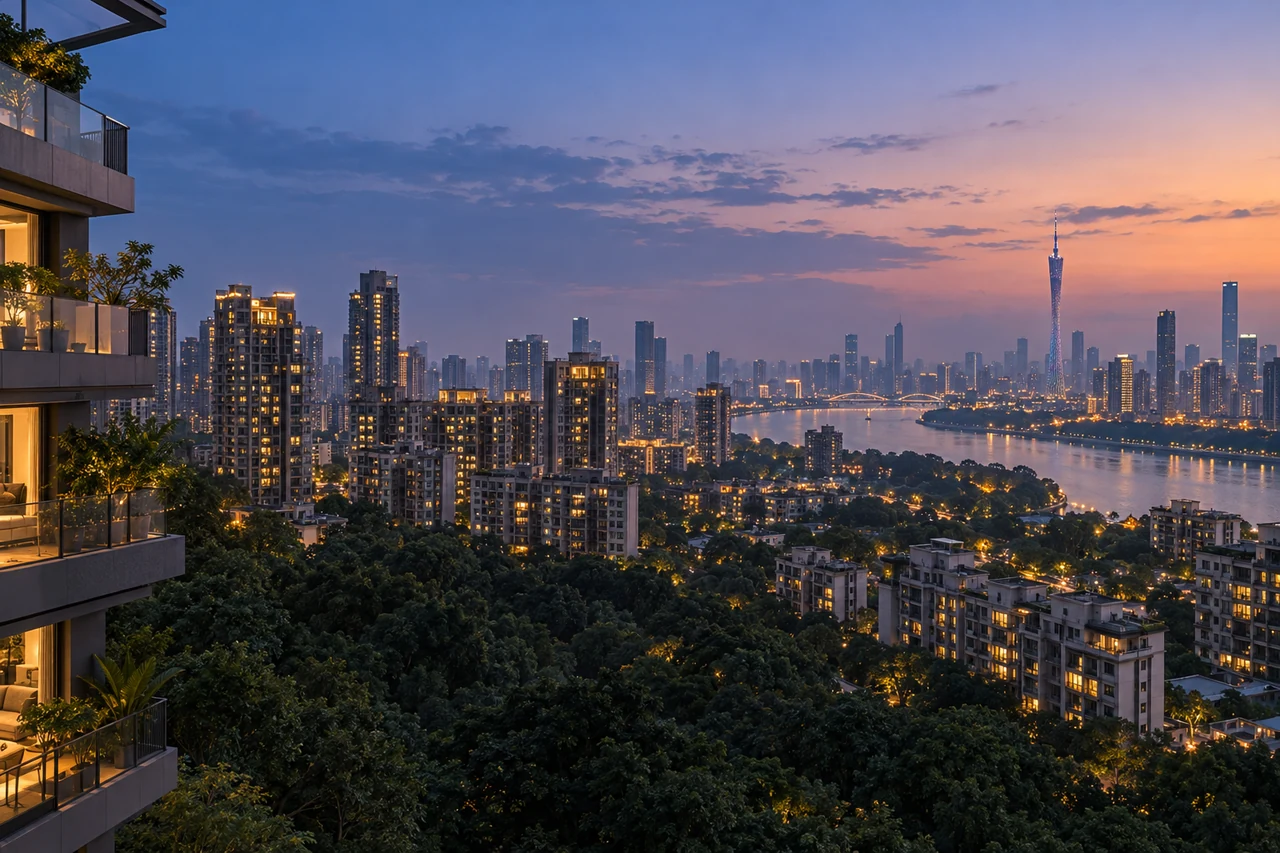 傍晚的城市住宅楼群与江岸天际线