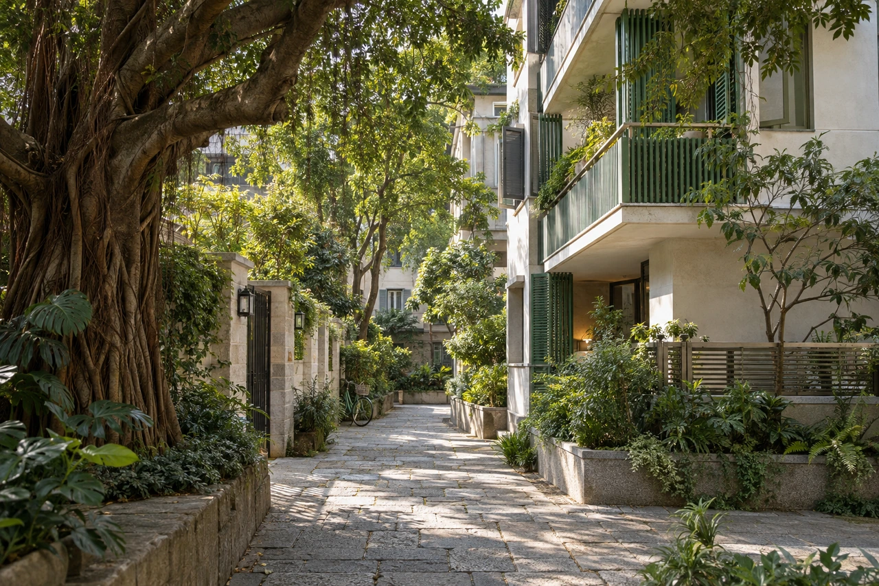 灵感图景:清晨榕树下的石灰白住宅巷口,青玉绿百叶与银色栏杆形成安静街景。