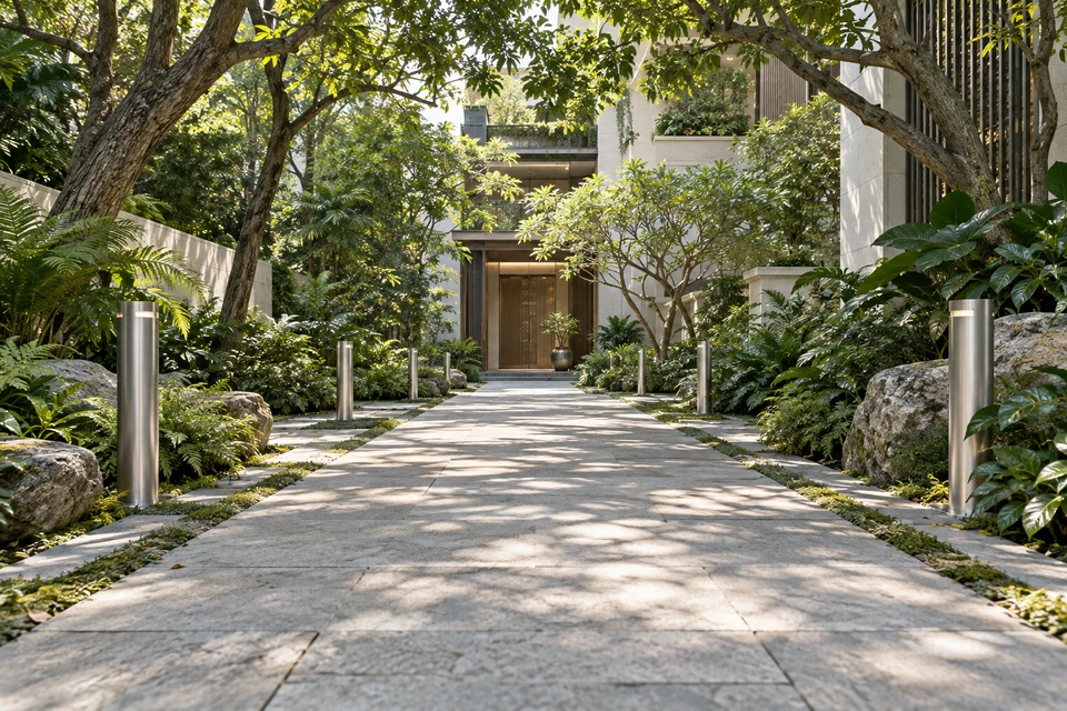 灵感图景：低机位沿林下直道前行，细银路灯与浅白铺石引向居住楼门。