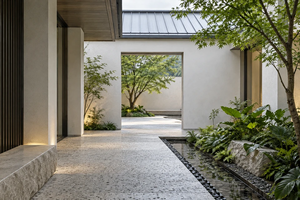 灵感图景：从半开放廊道穿过白墙庭院，远处方形门洞框住一棵深绿小树。
