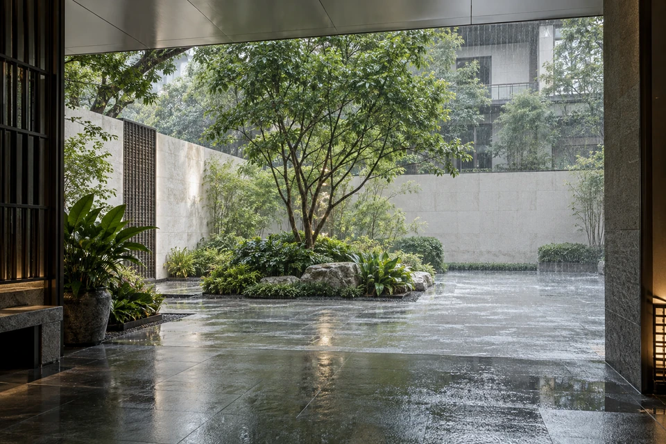 灵感图景：从住宅门廊向外看雨帘和庭院，银色檐边与湿石面之间保留安静绿意。