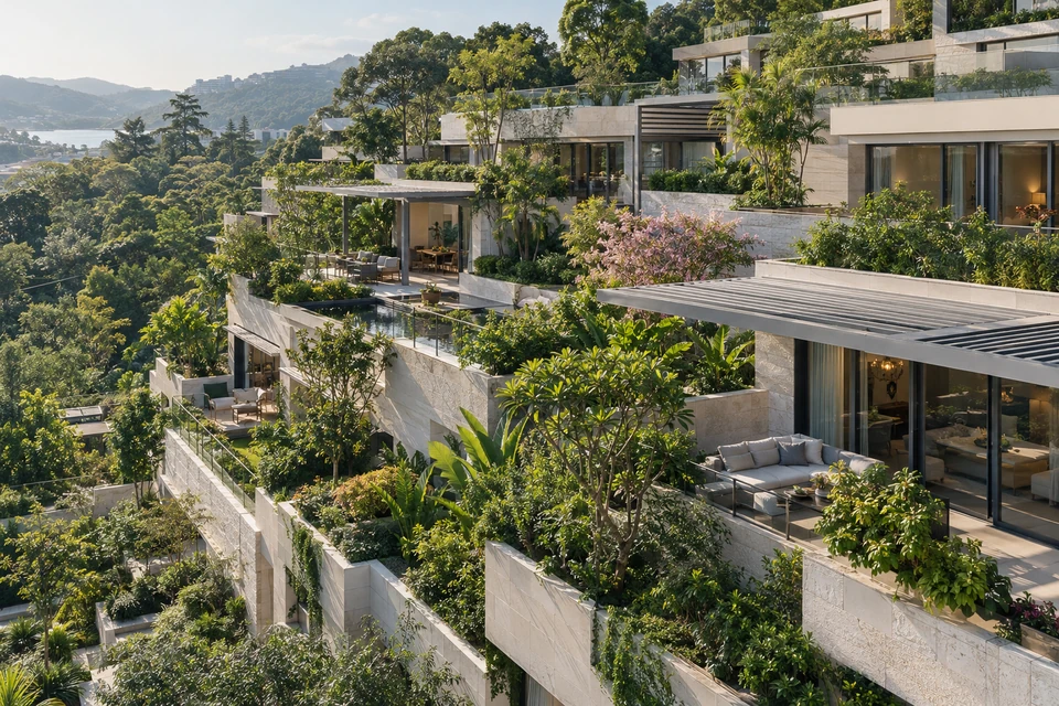 灵感图景：从高处俯看阶梯式住宅和层层花园，午后日光照亮白色石材与青绿树冠。