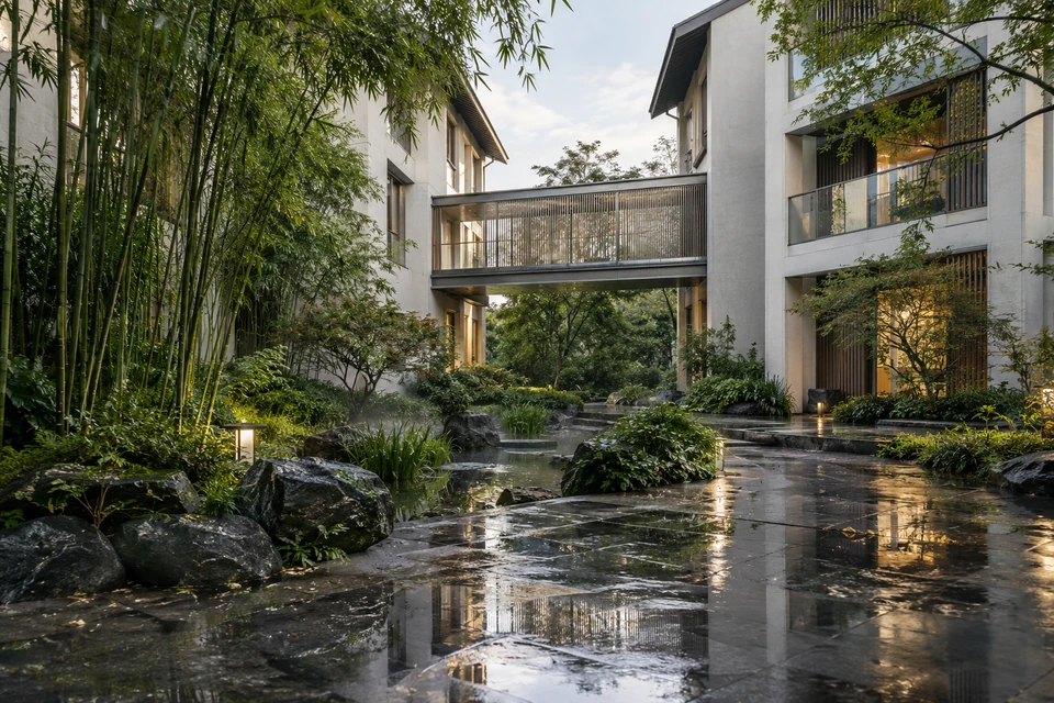 灵感图景：雨后的低层住宅围合庭院，银色连廊横过浅水花园，湿石面保留细腻反光。