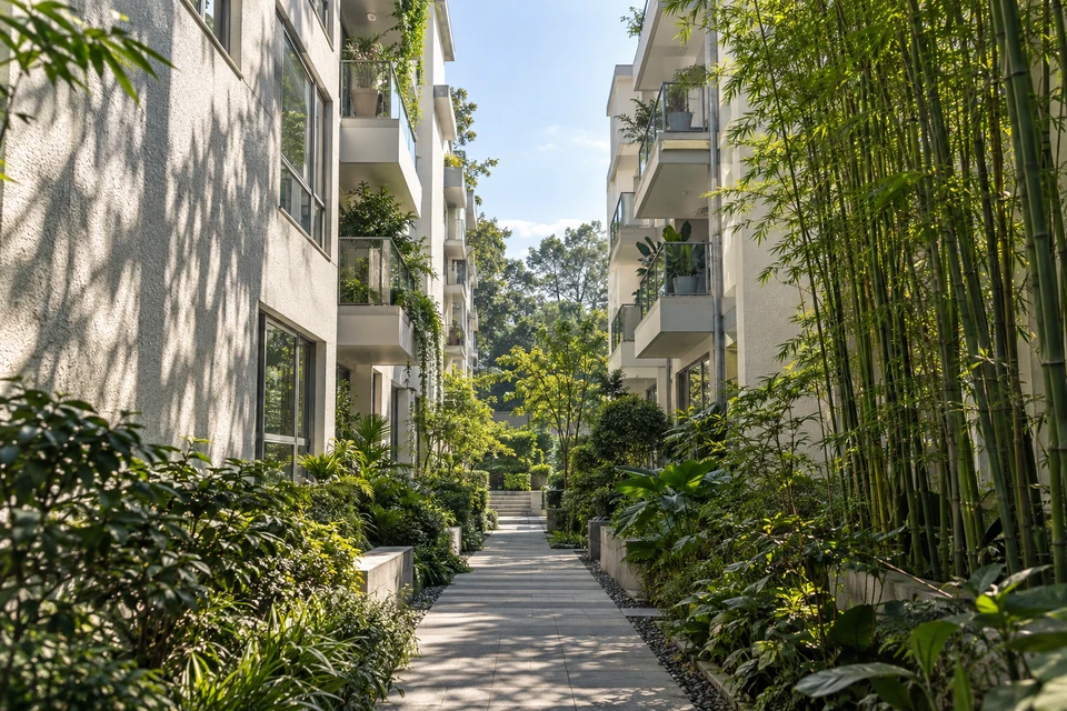 灵感图景：两栋小体量住宅之间的竹影窄巷，白墙、银色窗框和露台构成纵深。