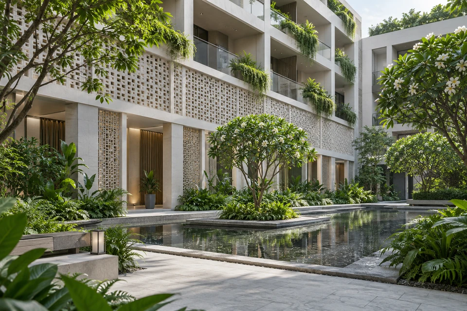 灵感图景：带现代花砖屏墙的中层住宅围绕安静庭院，灰白材质和热带绿植层次分明。