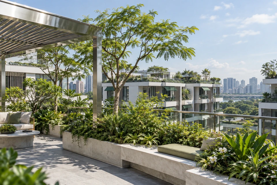 灵感图景：从相邻屋顶平视花园平台与退台住宅，白色檐口在明亮天空下形成干净线条。