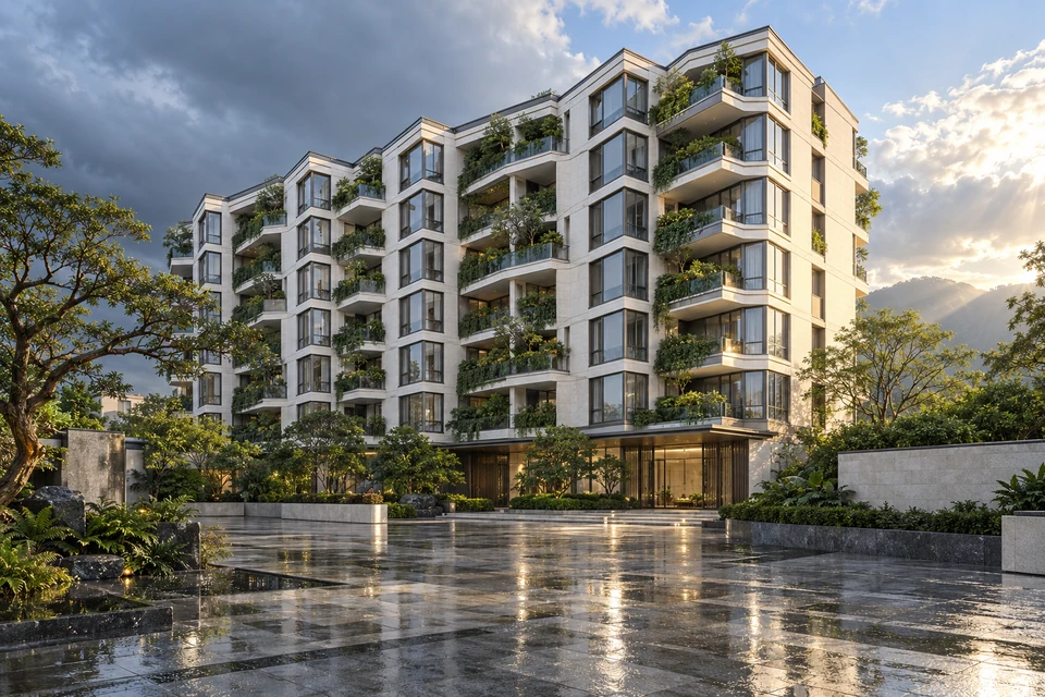 灵感图景：一栋折线形住宅横跨画面，湿润广场与新露阳光呈现银白墙面和深绿花池。