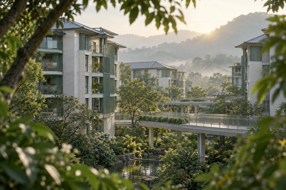 灵感图景：薄雾中的小规模住宅组团，架空步道连接独立楼栋，草木与石灰白墙柔和过渡。