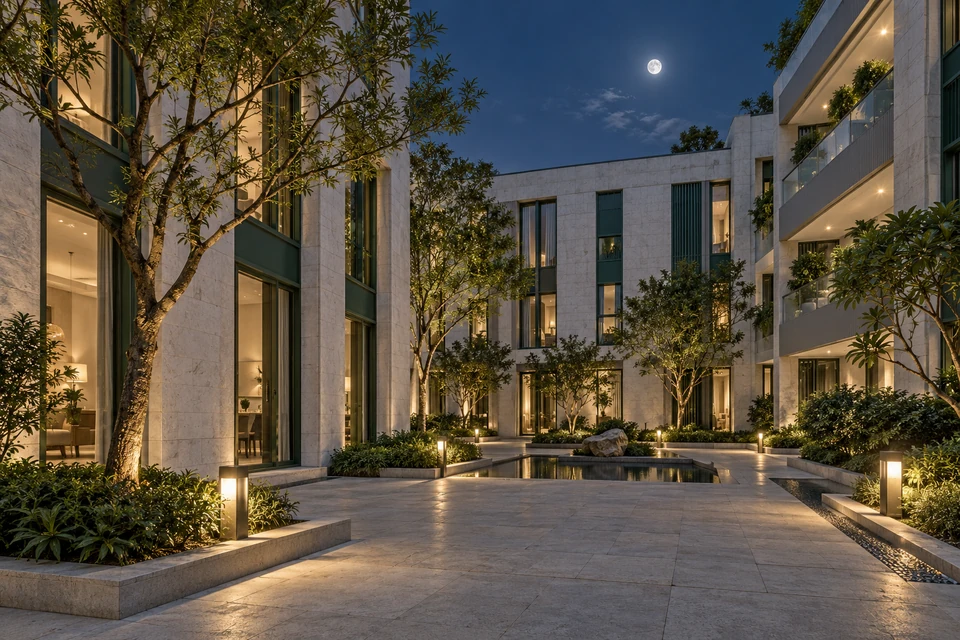灵感图景：夜色里，棱角分明的住宅围院保持青绿冷调，低位暖灯点亮铺石与树池。