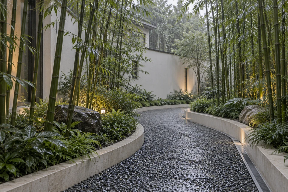 灵感图景：春雨中的竹林小径弯向白墙转角，湿润碎石与细竹竿层次分明。