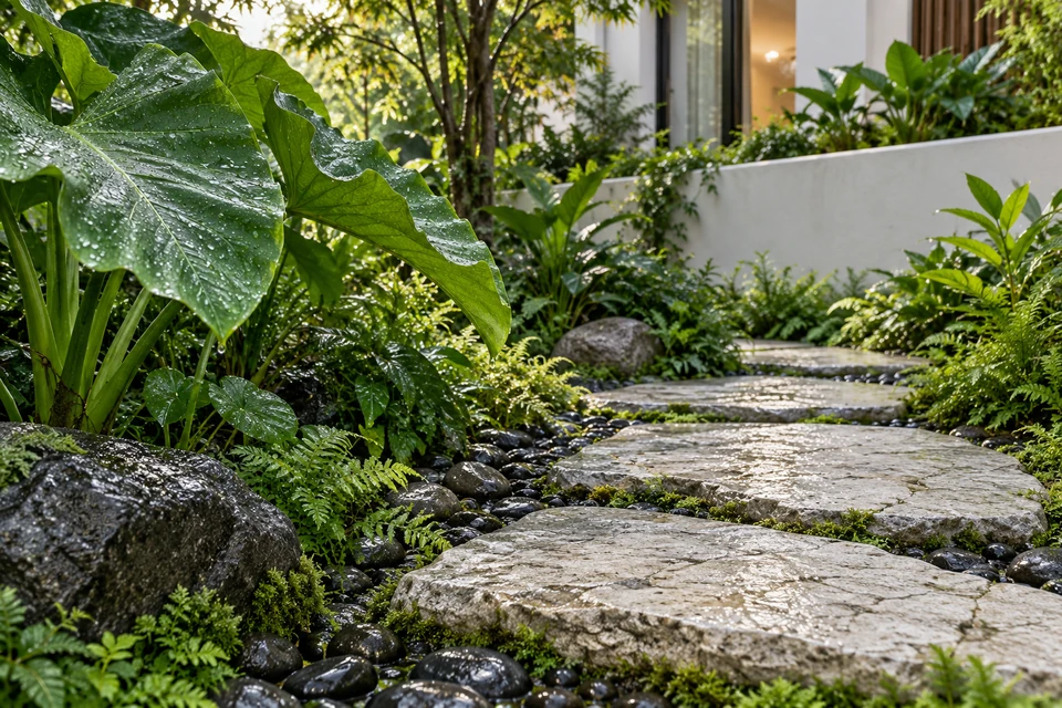 灵感图景：骤雨刚停的庭院以湿石、苔痕与宽叶绿植展现丰沛而细致的夏色。