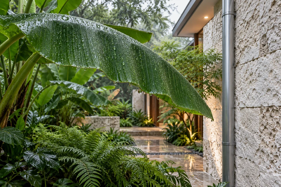 灵感图景：雨季花园的蕉叶与石墙细部，以透明水珠、暗绿叶脉和柔和银光呈现触感。