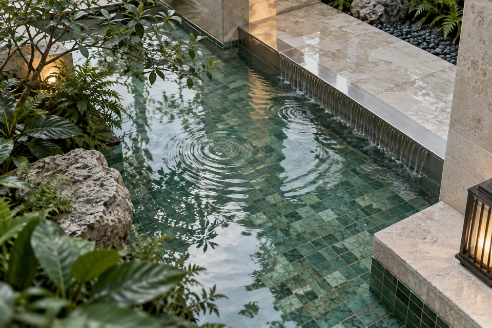 灵感图景：青玉釉砖沿住宅小水景铺展，清浅水纹在砖面与银色排水边缘间变化。