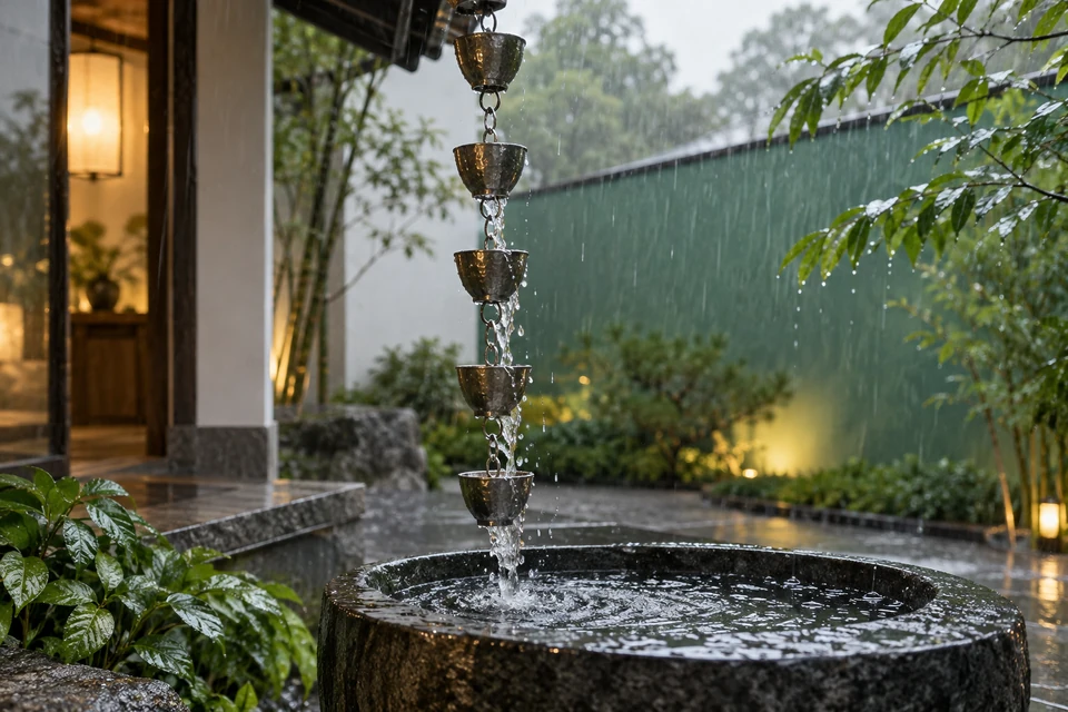 灵感图景：细银色雨链悬在深色石盆上方，雨滴与水面反光构成微小的庭院景观。