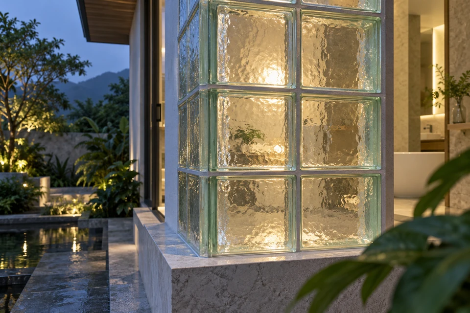 灵感图景：半透玻璃砖在暮色里透出室内暖光，边缘细密的银线清楚可见。