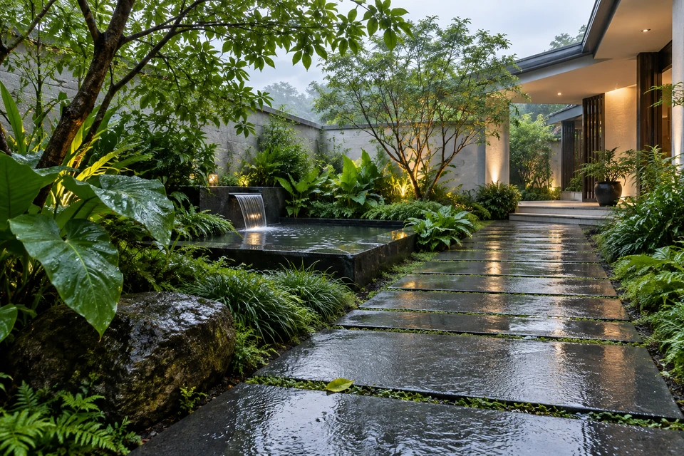 灵感图景：庭院深色玄武岩铺面雨后发亮，苔绿缝隙与浅灰屋檐构成自然边界。