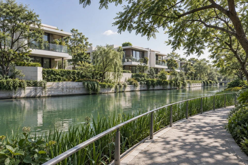 灵感图景：沿河住宅步道在午后光线中延伸，低层白墙住宅与芦苇隔水相望。