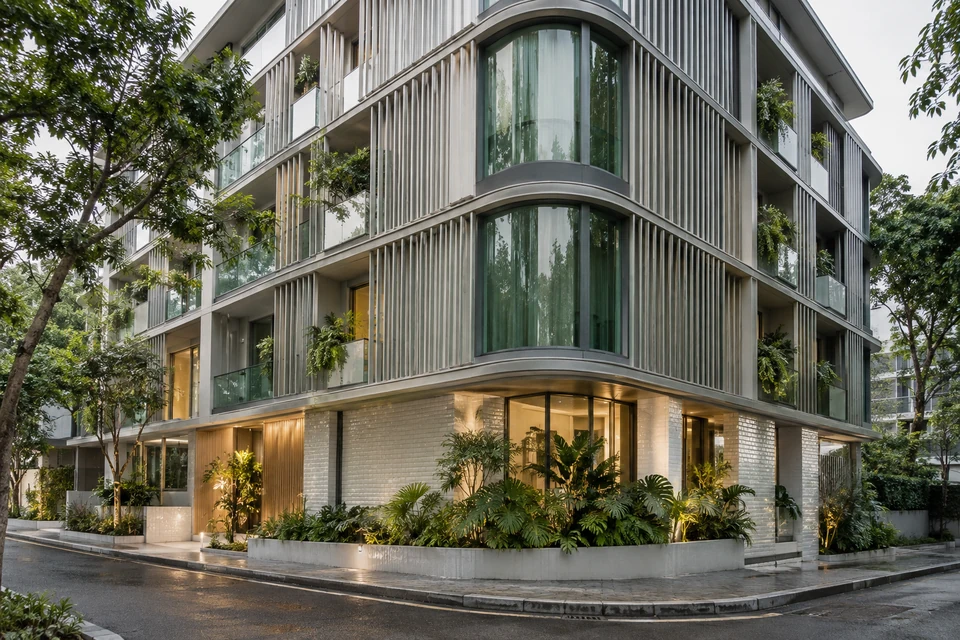 灵感图景：阴天街角的圆弧住宅立面，以细密银色遮阳格栅与白色砖墙呈现层次。