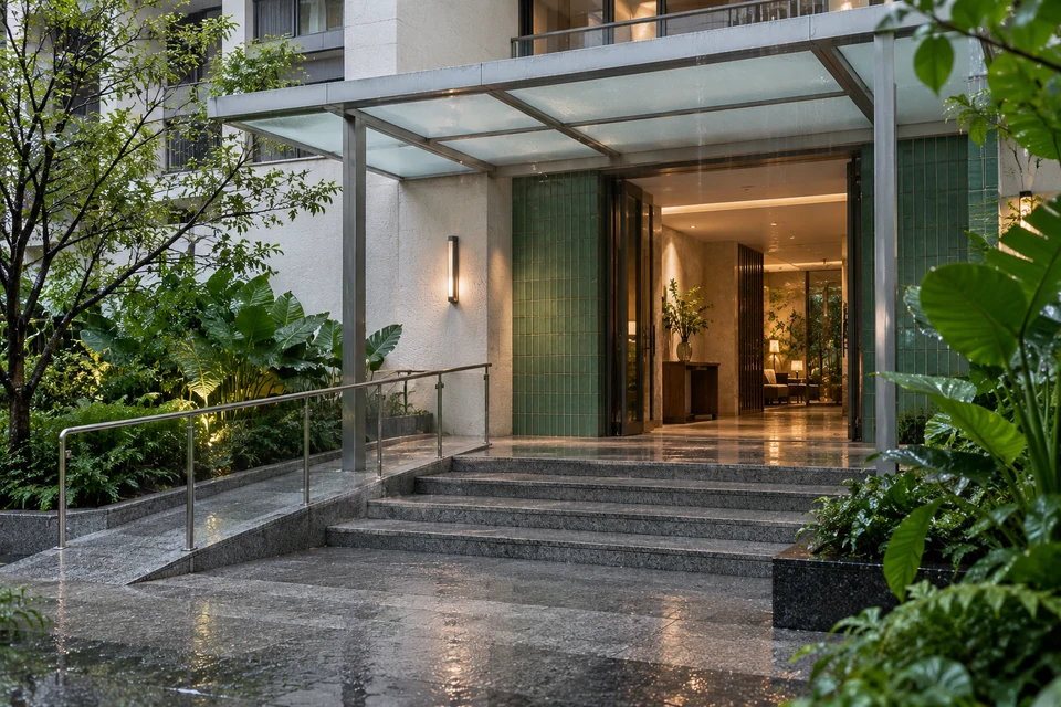 灵感图景：细雨中的住宅步行入口，石阶、雨棚与湿润绿植构成柔和的回家路径。