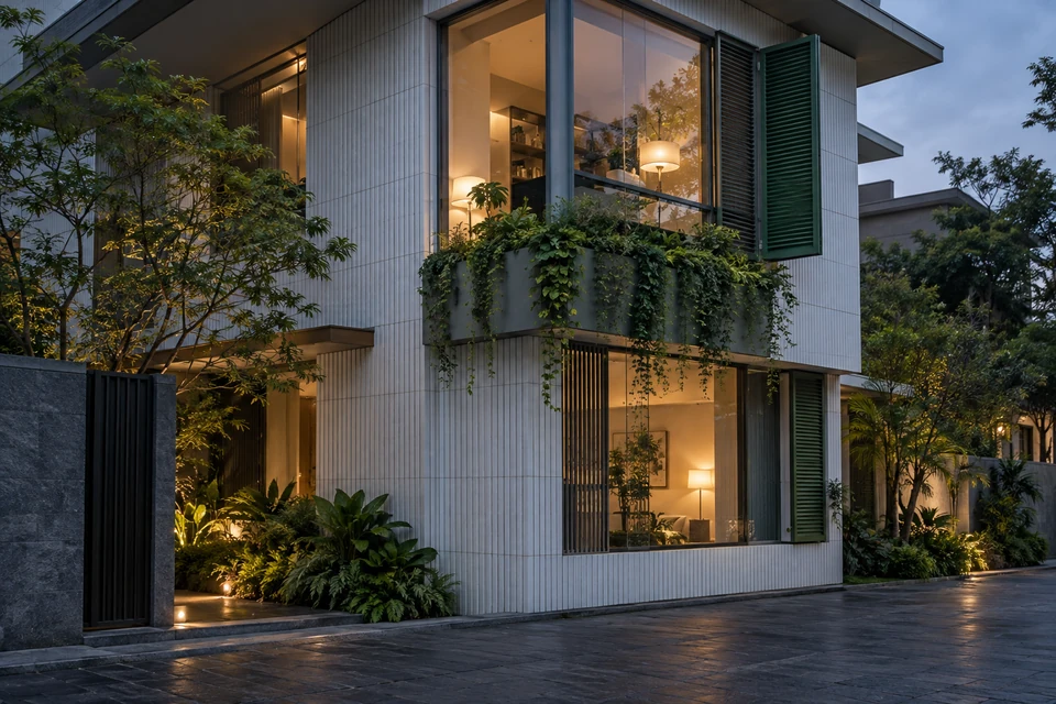 灵感图景：黄昏低层住宅的转角街窗与花槽，在银蓝天空下透出少量暖色光。