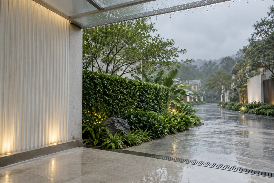 灵感图景：雨棚与住宅墙体之间的窄长空隙，水珠和银色天光映出雨季的宁静。