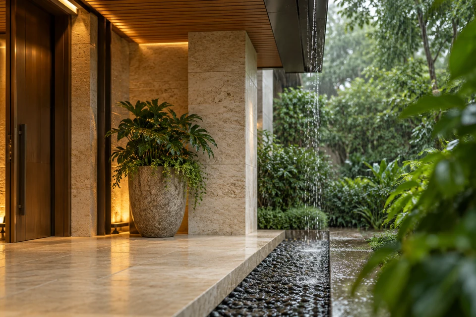 住宅空间灵感：小型住宅入口的深檐下保留干燥的石地，雨滴沿檐边落入整齐的碎石排水带。