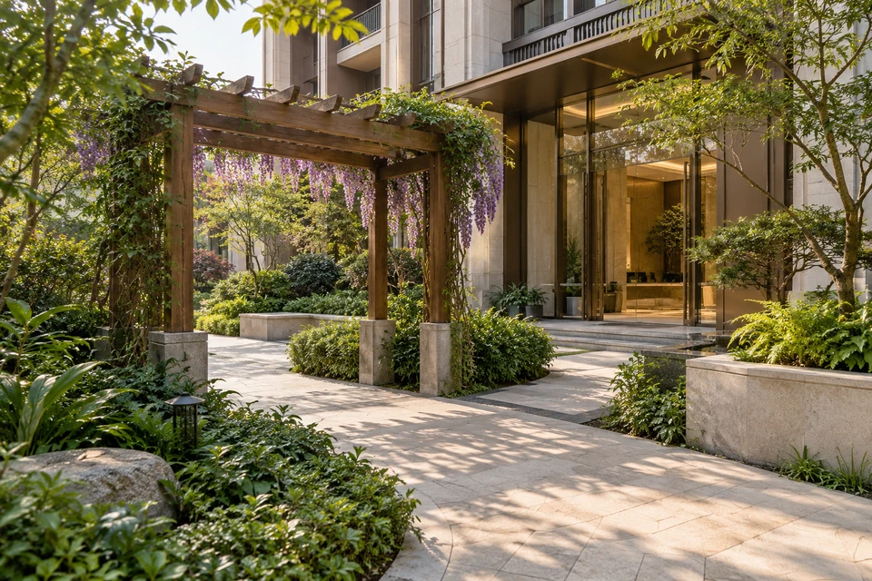 住宅空间灵感：斜向花廊将住宅花园与入户门厅连接，淡紫藤花垂在木架一侧，日光明亮自然。