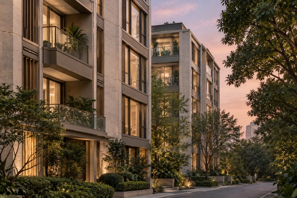 住宅空间灵感：沿社区外缘横看两栋细长住宅，香槟金窗框与暖灯在暮色中呈现清楚层次。