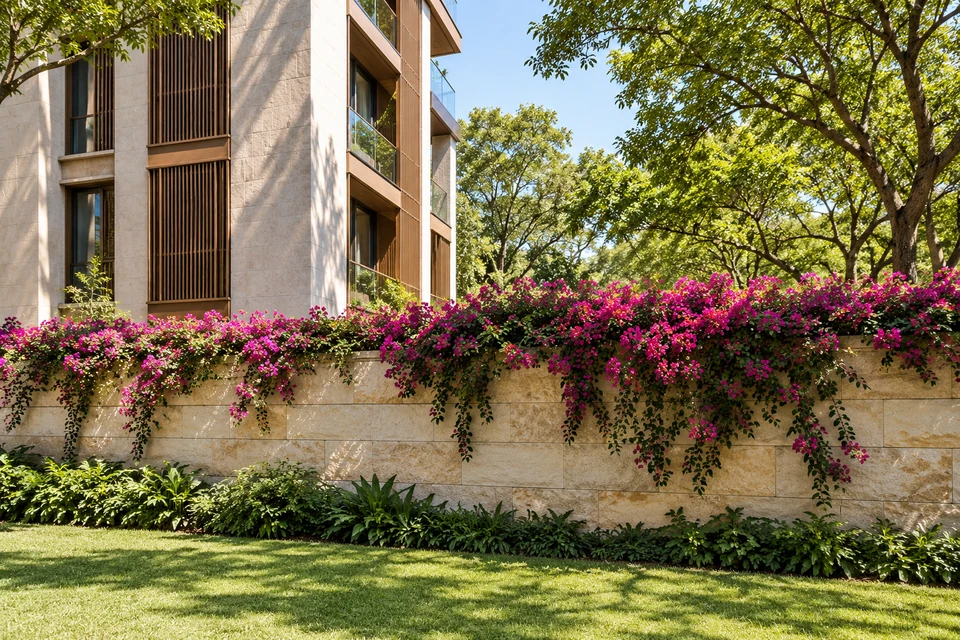 住宅空间灵感：一段三角梅花墙围住社区小草坪，后方住宅的石质山墙与木色百叶相互映衬。