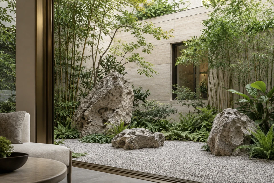 住宅空间灵感：低层住宅侧面的碎石庭园里，天然景石、蕨类和细叶竹构成层叠的生活景观。