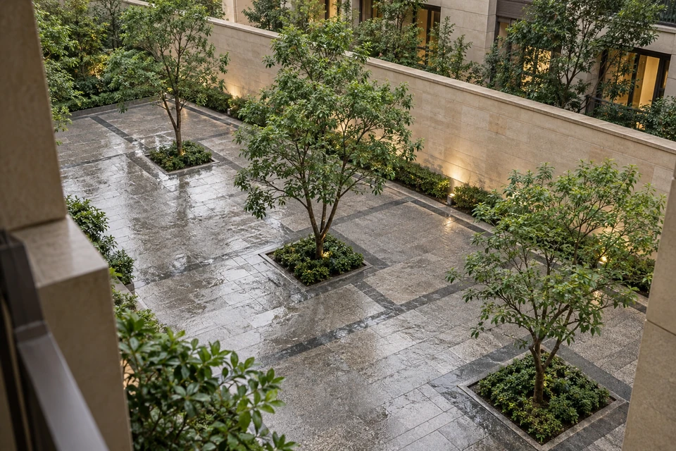 住宅空间灵感：刚停雨的社区硬质庭院里，方形树池与成片落雨水纹在淡暖石墙前交错。