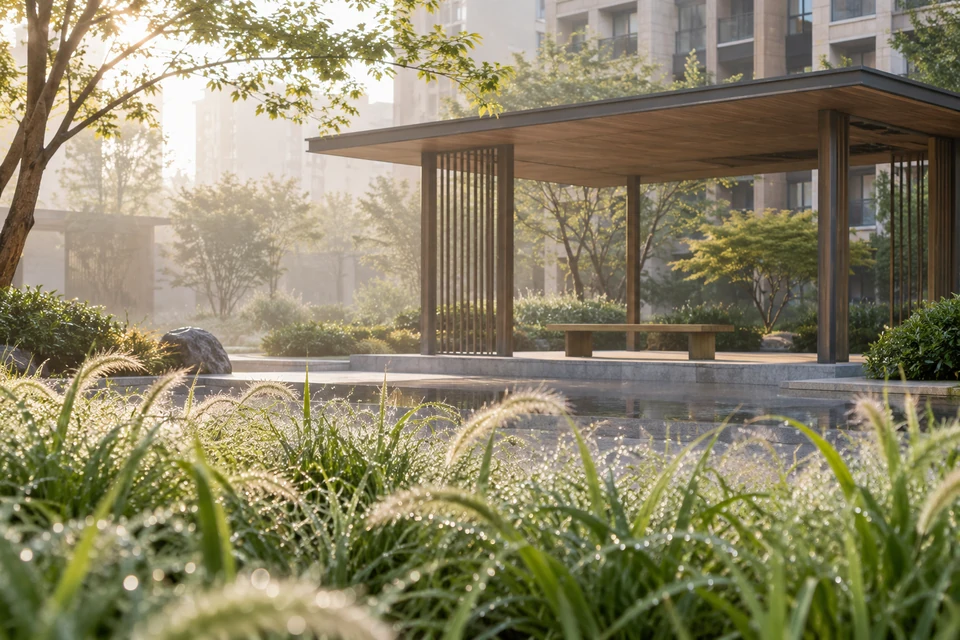 住宅空间灵感：低机位越过带露水的观赏草，看见社区公共凉亭与后方柔和的住宅轮廓。