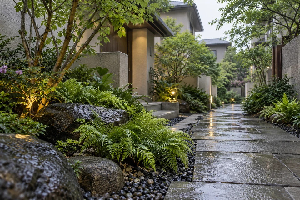 住宅空间灵感：雨后的社区石庭以卵石、低矮蕨类和平缓石径组成，暖灰墙面衬托清新叶色。