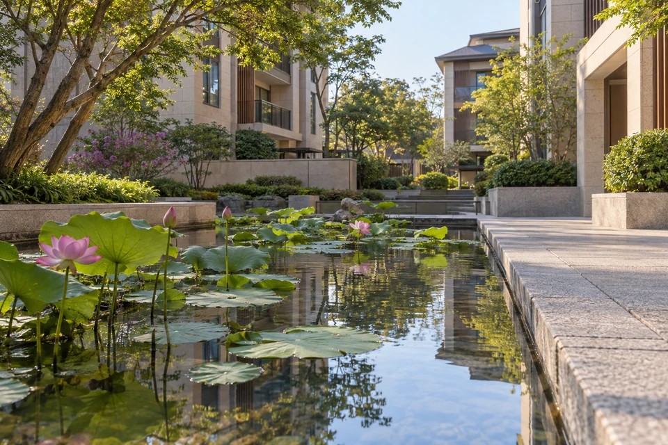 住宅空间灵感：社区小型浅水荷池边设有宽阔石径，疏朗荷叶与住宅墙面倒影交错。