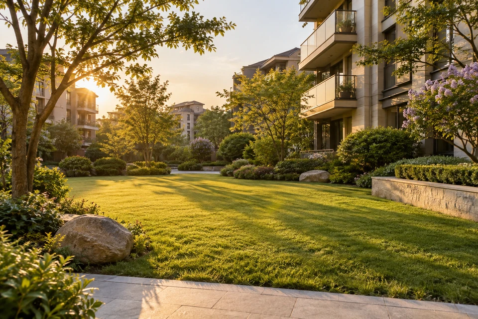 住宅空间灵感：住宅园林一角的平整草坪被自然灌木和暖石边界围合，斜阳留下柔长树影。