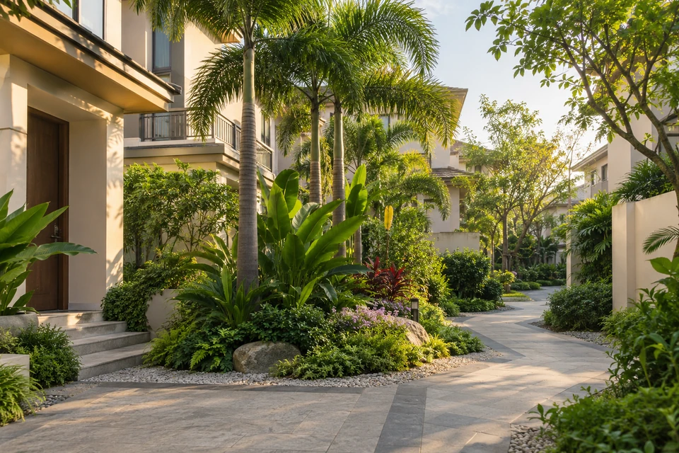 住宅空间灵感：低层住宅旁的小园以数株棕榈、宽叶植物和碎石边带呈现岭南的湿润气息。