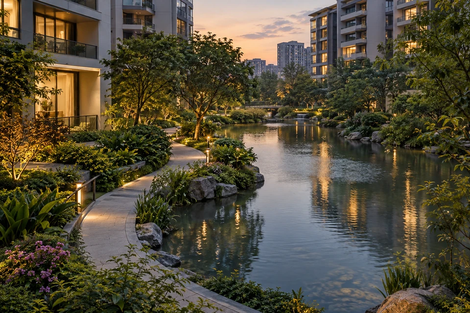 住宅空间灵感：小型社区园林水湾在黄昏映出住宅窗光，岸边一条平缓步道穿过安静绿丛。