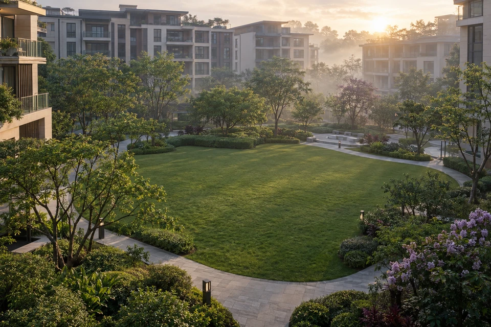 住宅空间灵感：薄薄晨雾中的住宅社区中央绿庭以草坪、慢行环路和错落树丛组成清新层次。