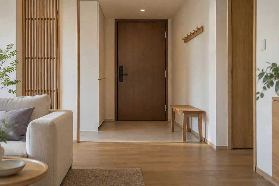 住宅空间灵感：住宅玄关以细长木凳、封闭鞋柜和浅色墙面迎接归家，柔和侧光强调整洁动线。