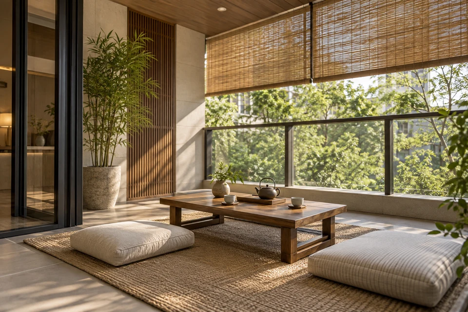 住宅空间灵感：较深的住宅阳台摆放低木桌与两只软垫，竹帘过滤强光，呈现舒缓的茶歇角落。