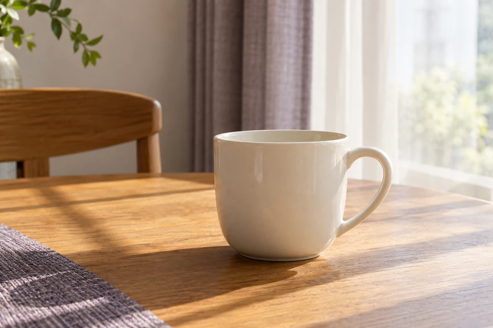 住宅空间灵感：素白茶杯置于暖木桌面，窗格投影落在桌面，杯身釉面反光柔和自然。