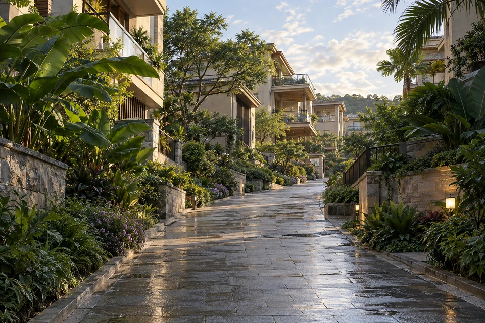 住宅空间灵感：缓坡住宅道路在雨后通向层叠阳台，两侧芭蕉和棕榈叶带出南方生活气息。