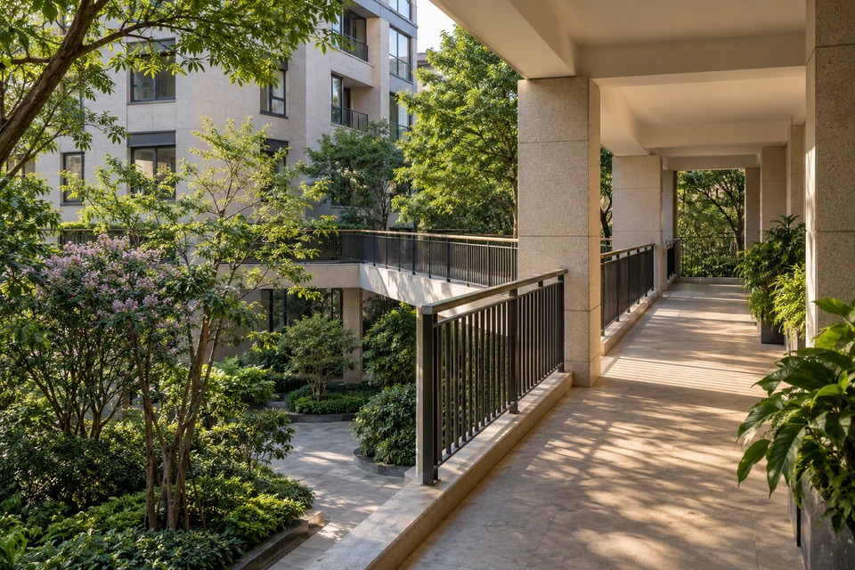 住宅空间灵感：低层住宅之间的开放连廊由绿树包围，简洁栏杆与暖色地砖连接两栋楼。