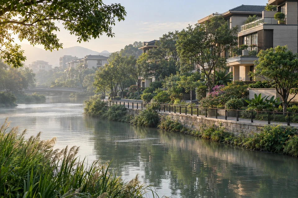 住宅空间灵感：清晨河湾旁的住宅台地有连续安全步道，芦苇、树影与居住建筑构成安静层次。