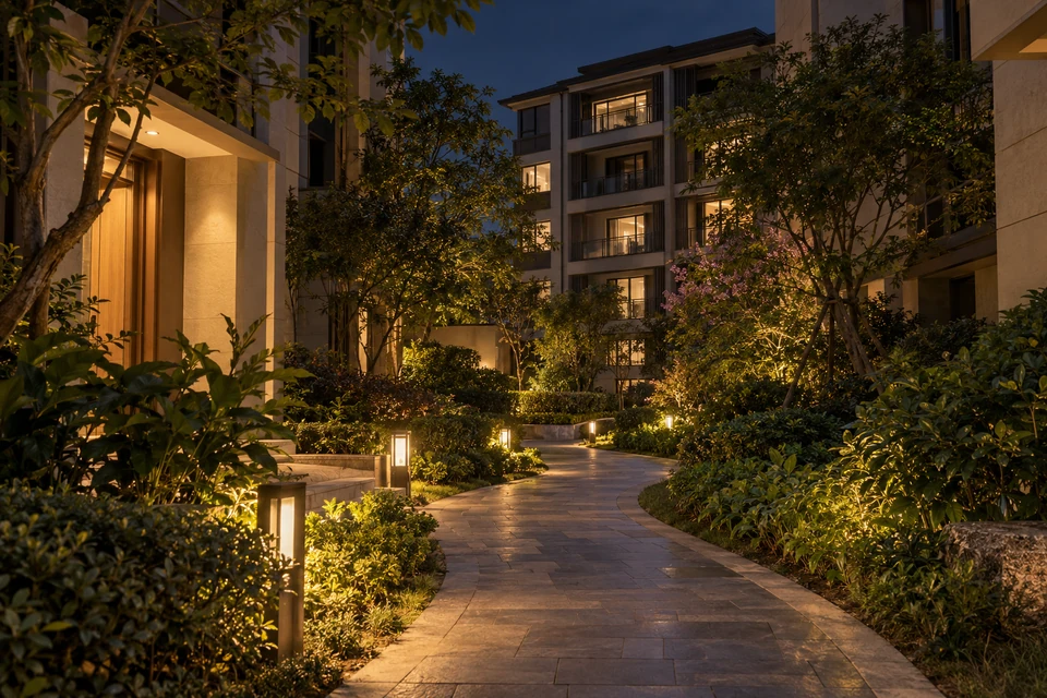 住宅空间灵感：夜晚社区楼间窄步道被低位暖灯照亮，住宅窗户和树冠保持真实暗部层次。