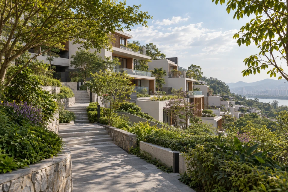 住宅空间灵感：阶梯式住宅台地沿自然地势排布，宽缓步道、植栽边界和退台阳台形成层次。