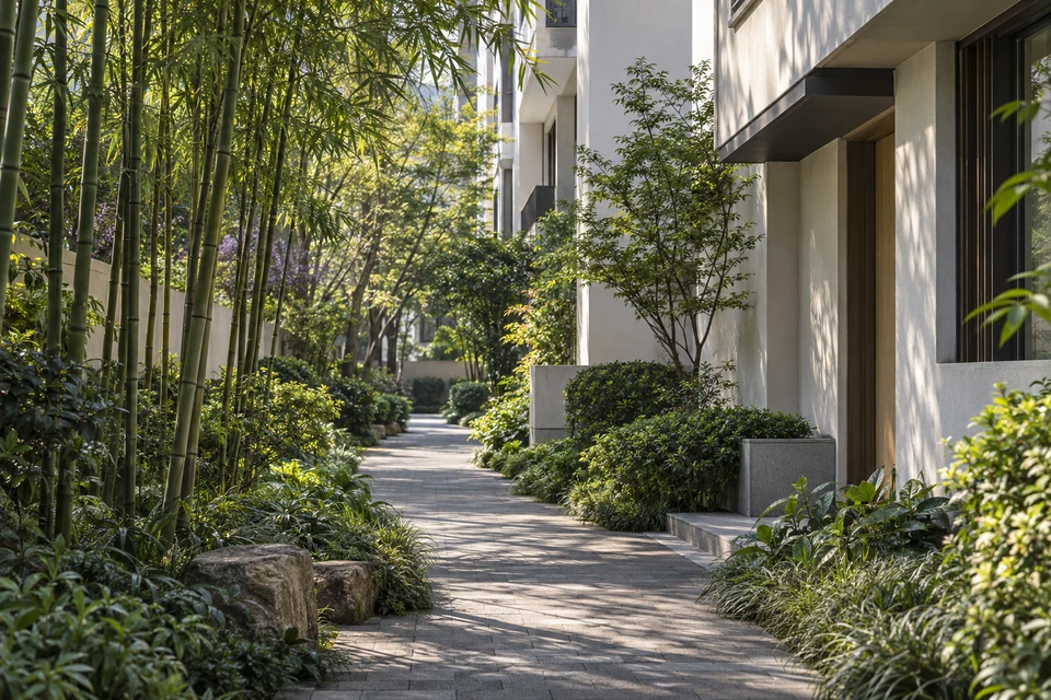 住宅空间灵感：住宅侧边狭长公共绿带种有疏竹，灰砖步道与暖白墙面呈现轻盈明暗。