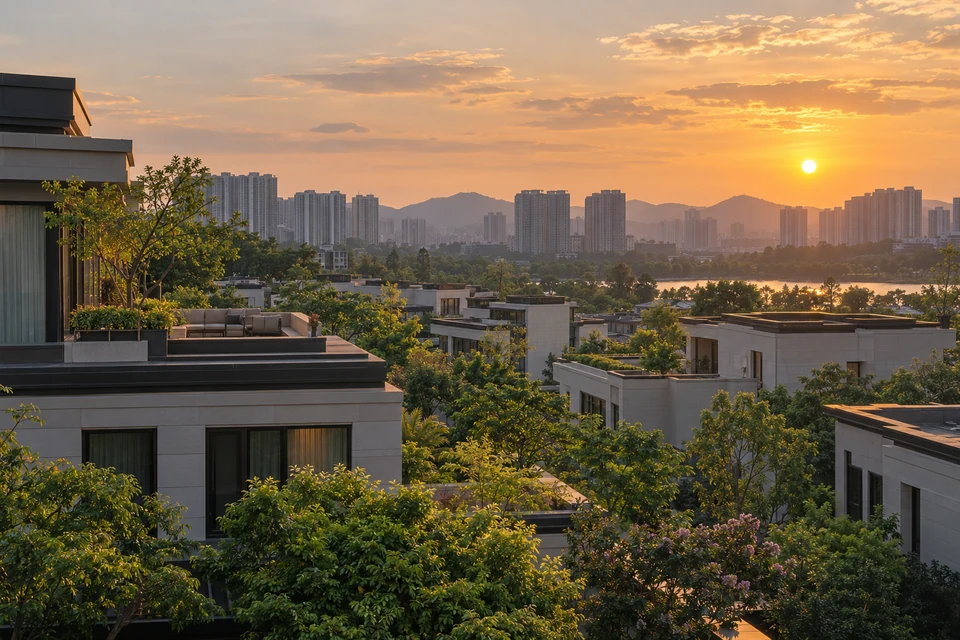 住宅空间灵感：晚晴时分的住宅片区在柔金天空下展开，近景平屋顶、绿树与远处楼群层次分明。